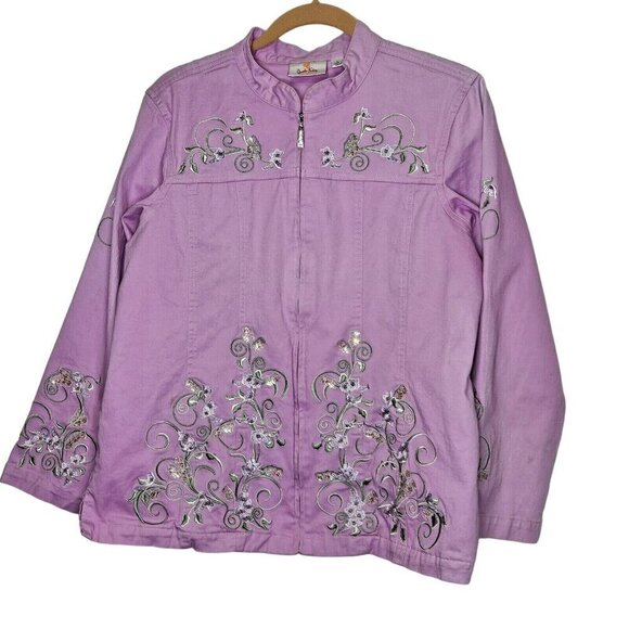 Quacker Factory Women's Lavender Pink Jacket Zip‎ Floral Sequin Pockets Large - Picture 1 of 14